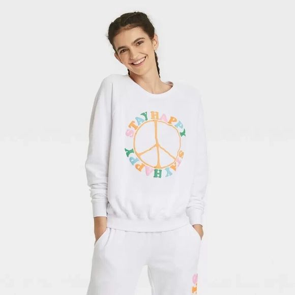 Women's Stay Happy Graphic Sweatshirt White XXL - Picture 1 of 3